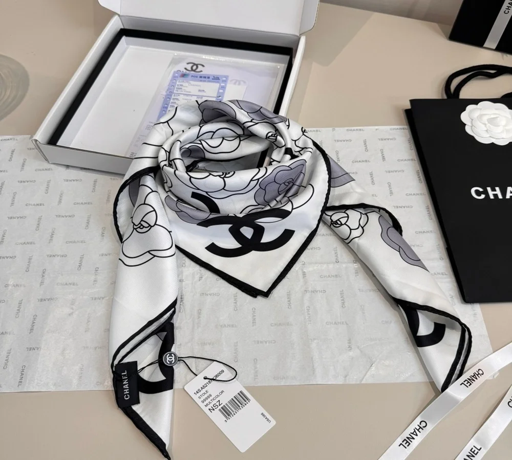 Chanel Camellia & CC Logo Silk Scarf